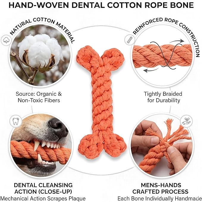 Orange Cotton Rope Bone Dog/Cat Chew Toy Durable Braided Dental Chewing Toy for Dogs Teething Interactive Play (1-Piece Set)