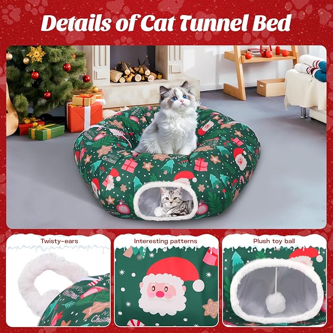 Christmas Tree Cat Tunnel, Soft Cat Tunnels for Indoor Cats with Middle Cushion, Cute Pet Donut Cave Bed Play Toys, Xmas Tree Decorations Protector Gifts