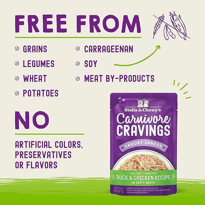 Stella & Chewy's Carnivore Cravings Wet Cat Food - Premium Pouches - Grain Free, High Protein Duck & Chicken - Perfect For Picky Eaters - Complete Meal or Topper (2.8 oz, 24 Pack)