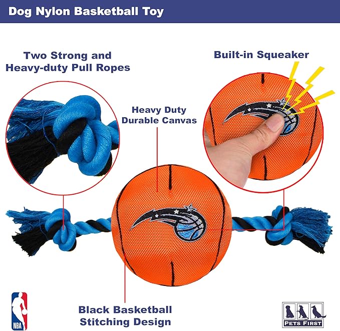 Pets First NBA Orlando Magic Basketball Toy. - Tough Nylon Pet Toy with Tug Ropes & Inner Squeaker, one Size (MAG-3105)