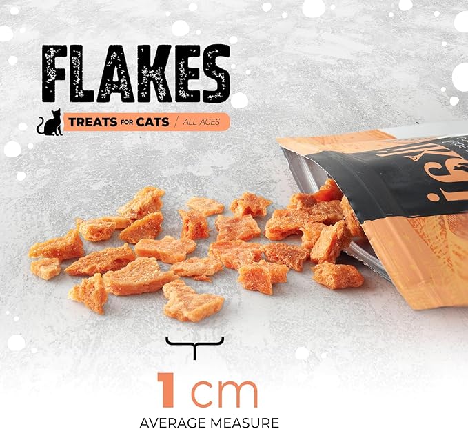 IKAI - 100% Natural Flakes Cat Treats - Single Ingredient: Patagonian Salmon from Chile, Hypoallergenic, with Omega 3 & 6 for Healthy Skin & Glossy Coat, Dehydrated, Grain-Free - 1.41 Oz (14)