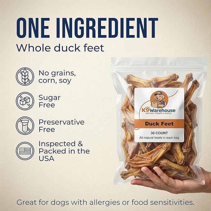 K9warehouse Duck Feet for Dogs – High Protein Dehydrated Dog Treats, Natural Crunchy Chews with Collagen, Glucosamine & Chondroitin for Joint & Hip Health, Dental Care, Small to Large Breeds (30 pcs)