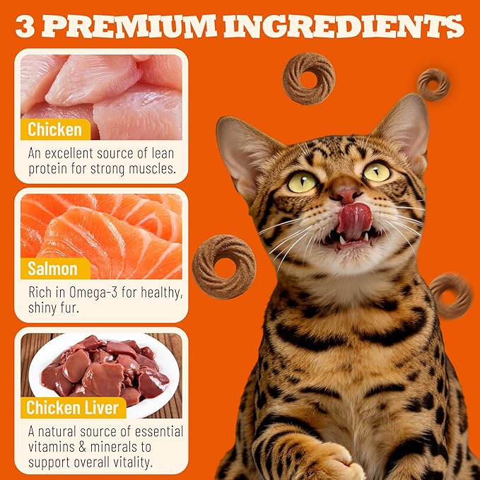 Salmon Treats for Cats, Omega-3 Supplement with Real Salmon, Natural Fish Oil & Fresh Chicken Livers - Provides Easily digestible Protein for Kittens with Sensitive stomachs (9 oz)