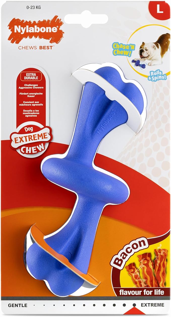 Nylabone, Extremely Strong Chewing Effect, Interactive Chew Toy with Rolling Bone, Bacon Flavour, Large - for Dogs up to 23 kg