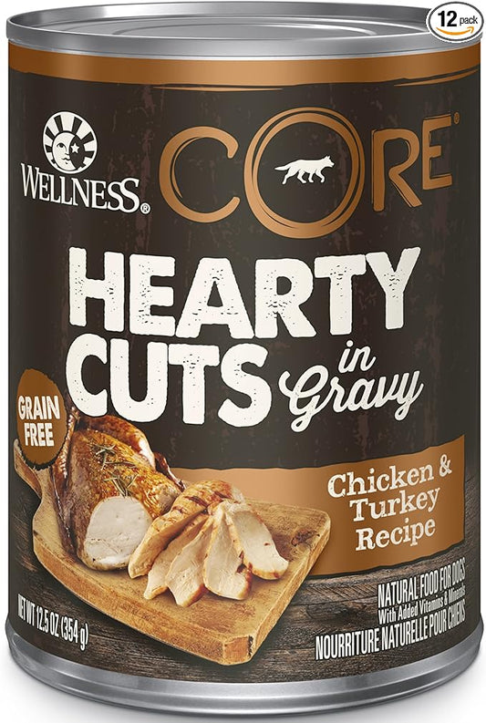 Wellness CORE Hearty Cuts Adult Canned Wet Dog Food, Grain Free, Natural, Chicken and Turkey Recipe, 12.5 oz, Pack of 12 Cans