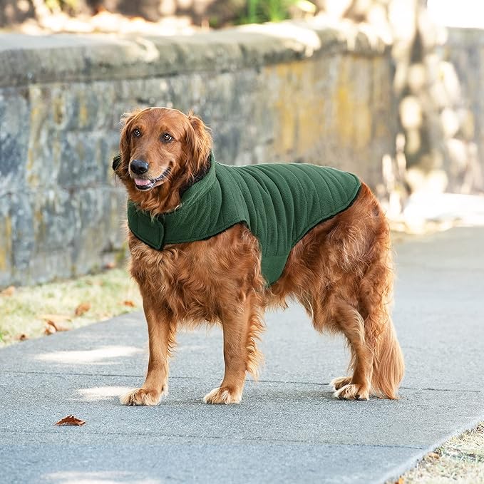 Furhaven Reversible Large Dog Coat, Washable & Insulating w/ Leash Access - Faux Fur & Quilted Fleece Flex-Fit Jacket - Black/Green, Large