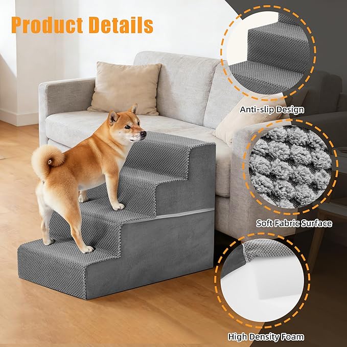 NEWBULIG 4-Step Dog Stairs, 18" H Dog Steps for Sofa and Chair, Non-Slip Sturdy Pet Steps for Small Dogs and Cats, Pet Ramp for High Bed Indoor, Gray