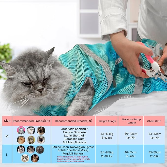 Cinf Cat Bathing Bag(Free Muzzle) Breathable Mesh Anti Scratch Adjustable Cat Grooming Bag for Nail Trimming, Bathing Soft Cat Washing Bag(Light Blue) M