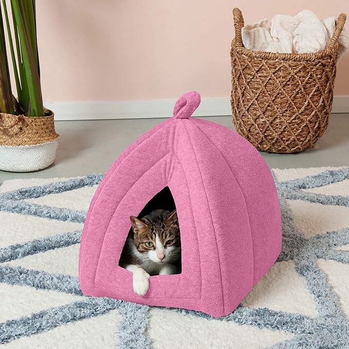 Furhaven Cat Bed Cave for Indoor Cats & Small Dogs, Washable & Foldable w/ Removable Cushion - Polar Fleece Pet Tent - Cotton Candy Pink, Small