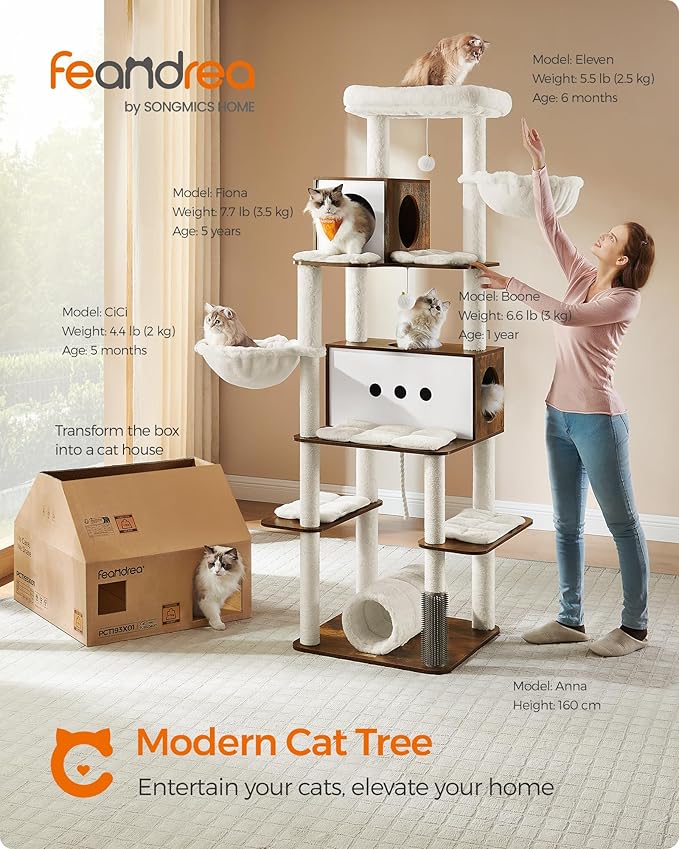 Feandrea Cat Tree, 75.6-Inch Modern Cat Tower, Tall Multi-Level Condo with 2 Caves, 2 Hammocks, 4 Scratching Posts, Self-Groomer, Tunnel, Perch, Rustic Brown UPCT193X01