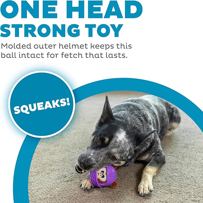 Outward Hound Helmet Headz Monkey Dog Toy, Plush Squeaky Fetch Ball, Durable Dog Toy for Active Play, Multicolored, Small