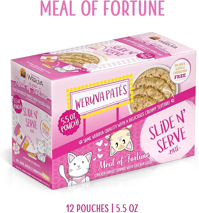 Weruva Wet Cat Food, Meal of Fortune Chicken with Chicken Liver Pate, 5.5oz Slide N Serve Pouch, Pack of 12