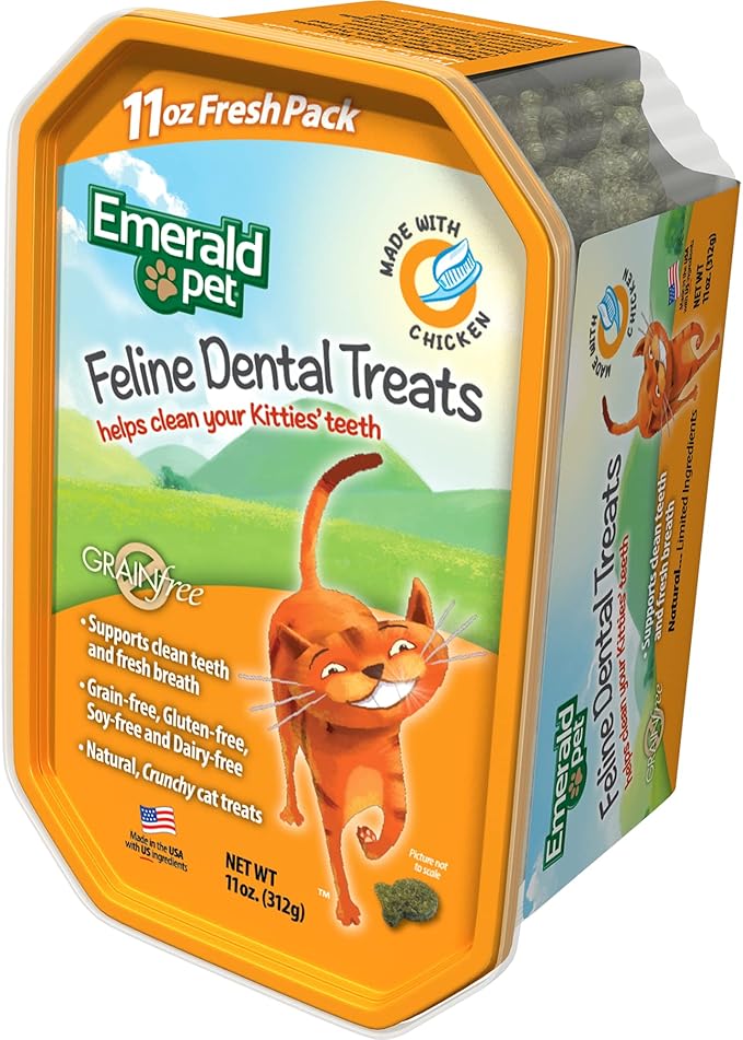 Emerald Pet Grain-Free Cat Dental Treats with Chicken – Crunchy Natural Dental Treats for Cats to Clean Teeth, Freshen Breath, and Reduce Plaque & Tartar – 11 oz Tub