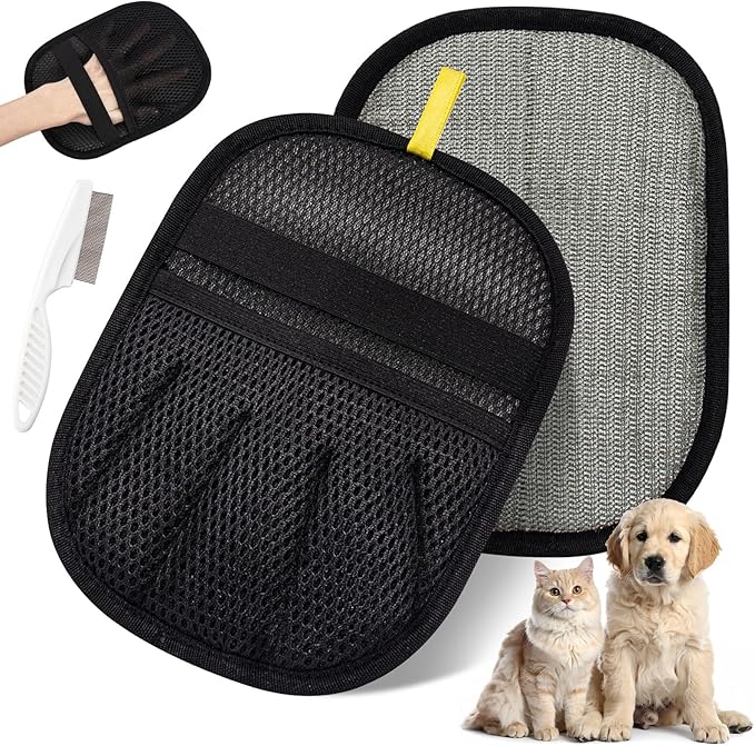 Pet Hair Removal Glove for Dogs & Cats, Upgraded 2PCS Five-Finger Electrostatic Pet Hair Remover with Grooming Comb, Reusable Washable Magic Brush Hair Tool Mitt for Clothing, Couch, Carpet, Car Seat