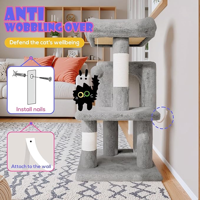 SHA CERLIN 29in Cat Tree for Indoor Cats, Multi-Level Cat Tower with Large Perch, Cozy Condo, Playful Toy Balls, Sisal Scratching Posts, Stable Pet Furniture Activity Center, Space-Saving, Light Grey