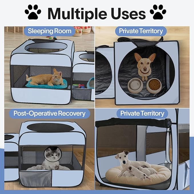 EighteenTek® 2-in-1 Portable Cat Playpen(End Doors), Pop up Kitten Playpen, Assembly-Free, Pet Tent Crates Kennel Cage Enclosure for Dog Puppy Indoor Outdoor(No Divider, Unified Space)