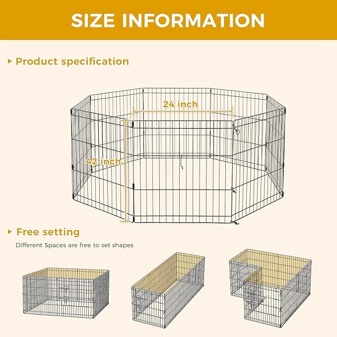 PAWZ Road Dog Playpen Foldable Metal Dog Fence Outdoor/Indoor Use Portable Design for RV and Camping- 8 Panels (24" Wide Each), 42 inch Height for Small Dogs Puppy Large Dogs