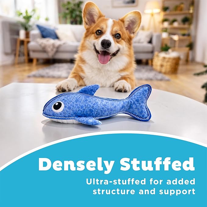 Outward Hound Xtreme Seamz Dog Toy, Reinforced Seams & Multiple Stitching, Durable Plush with Squeakers, Shark, 12.5”