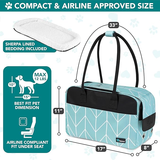 PetAmi Dog Purse Carrier for Small Dogs, Airline Approved Soft Sided Pet Carrier with Pockets, Ventilated Dog Carrying Bag for Puppy Cat, Dog Travel Supplies Bag, Sherpa Bed, Max 12 lbs, Chevron Teal
