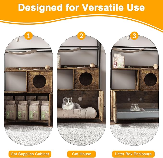 60-Inch Cat Litter Box Enclosure, Cat House with Storage Shelf, Sisal Hammock, Cat Condo, Play Ball and Reversible Door, Brown