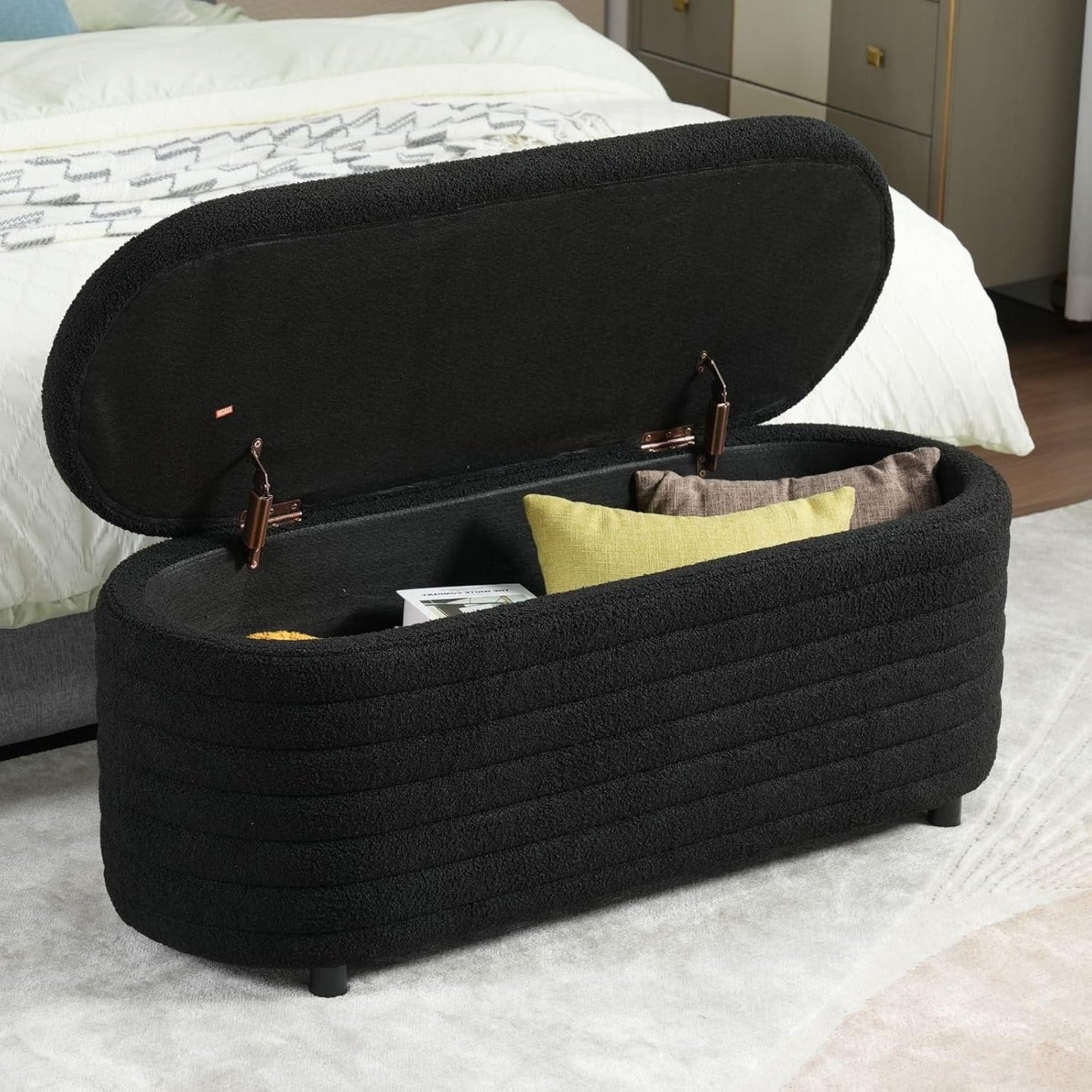 Storage Ottoman Bench Upholstered Fabric Storage Bench End of Bed Stool with Safety Hinge for Bedroom, Living Room, Entryway (45.5-inch, Black)