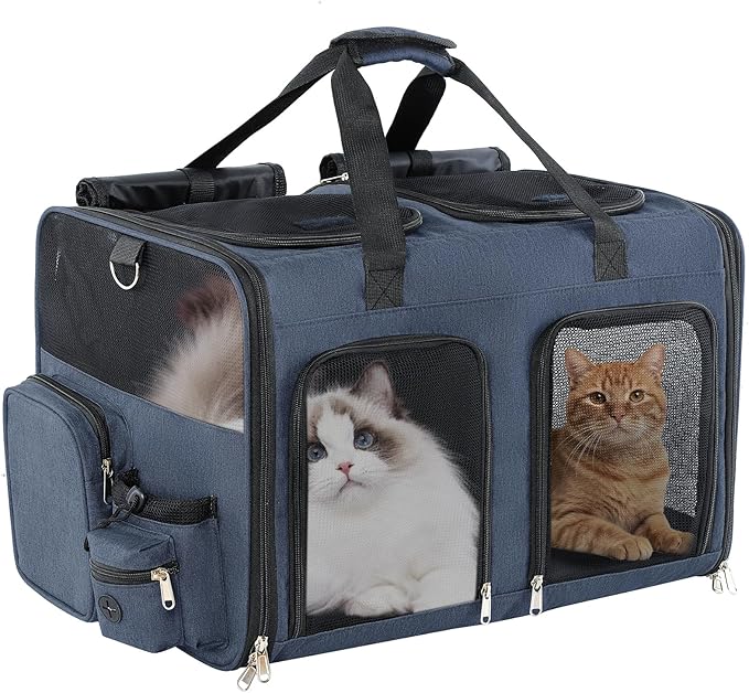 Cat Carrier for 2 Cats - Double Pet Carrier Extra Large, Dual Cabin Multi Cat Travel Carrier with Removable Divider, Collapsible, Can Hold 20 30 40 lbs for Two Small Kitten, Medium Dog Blue