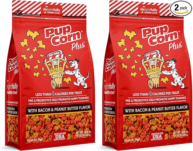 Pup Corn Plus - Puffed Dog Treats with Prebiotics and Probiotics - Bacon & Peanut Butter (24oz) - Made in USA (Pack of 2)