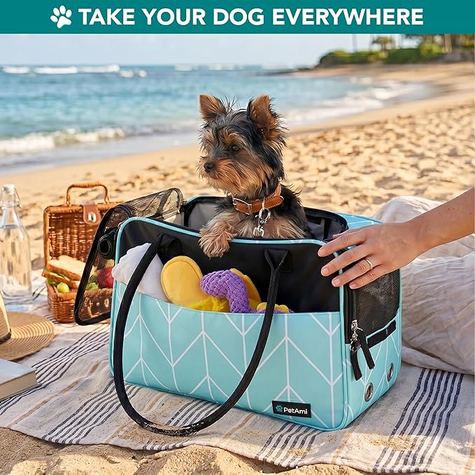 PetAmi Dog Purse Carrier for Small Dogs, Airline Approved Soft Sided Pet Carrier with Pockets, Ventilated Dog Carrying Bag for Puppy Cat, Dog Travel Supplies Bag, Sherpa Bed, Max 12 lbs, Chevron Teal