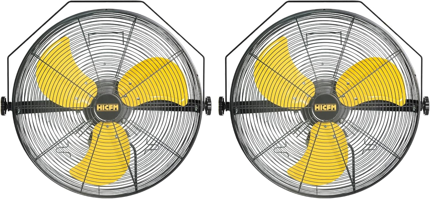 HiCFM 4600 CFM 18 inch High Velocity Wall Mounted Fan, TEAO Enclosure Motor, Safety Yellow Blade, 9 FT Cord, 180 Degree Tilting, 3 Speed Industrial Shop Fan for Patio, Garage Use - UL Listed, 2 Pack