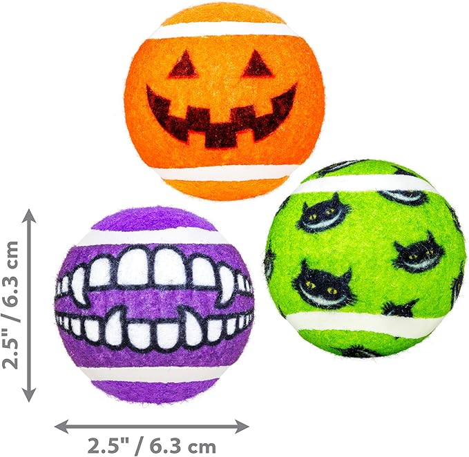 KONG Halloween Grinz Sport Balls for Dogs – Teethy Smiley Face Balls with Non-Abrasive Felt for Safe Fetch & Chase – Durable, Squeak-Free Halloween Toy Set (3 Pack)