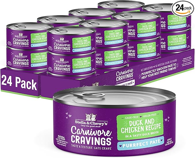 Stella & Chewy's Carnivore Cravings Purrfect Paté - Premium Grain-Free Wet Cat Food - Duck & Chicken Recipe - High Protein with Bone Broth - Perfect for Picky Eaters - 2.8oz Cans (24 Pack)