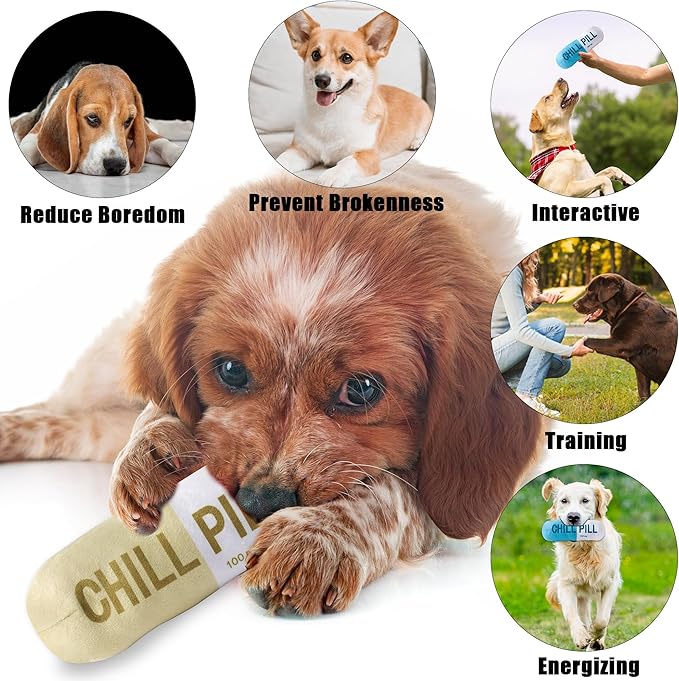 CUweipeng Squeaky Dog Chew Toys - 3Pcs Chill Pill Capsule Teething Squeak Small Plush Dog Toy Keep Them Busy Aggressive Chewers Bite Kick Interactive Training Play Pet Lover Gifts Present Photo Props