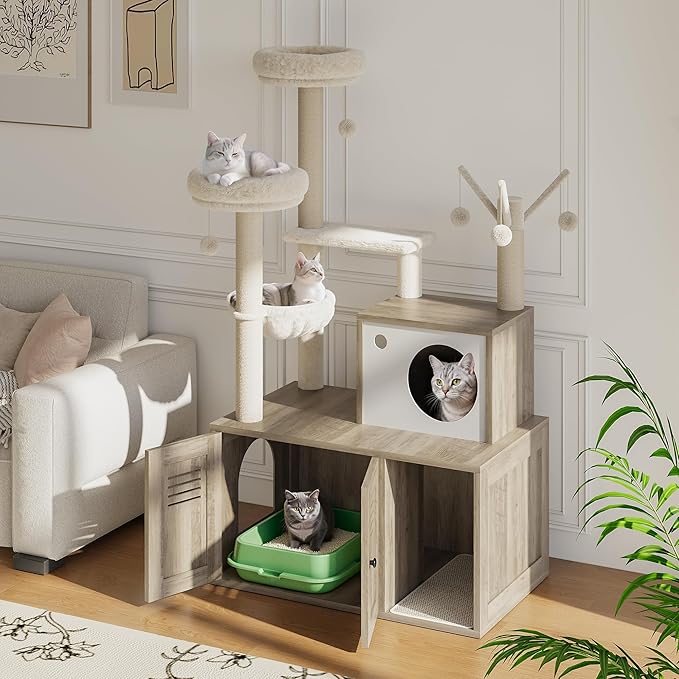 Modern Wooden Cat Tower with Hidden Litter Box Enclosure, Multi-Level Cat Condo, Scratching Posts, Cozy Hanging Basket & Toy, Durable Cat Tree Furniture for Indoor Cats, Smoke