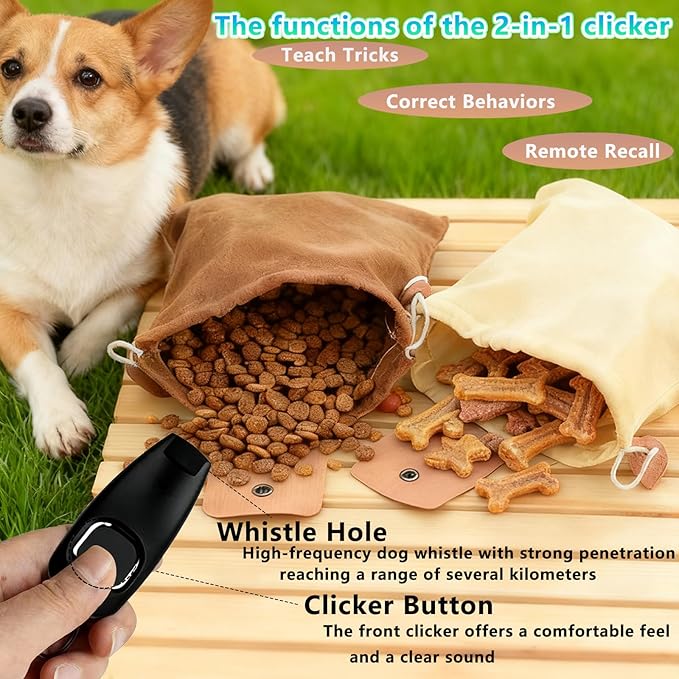 Dog Treat Pouch with Training Clicker & Whistle - Stylish & Portable Large-Capacity Foldable Pet Training Pouch with Wlastic Belt for Outdoor Use/Pet Training (Green)