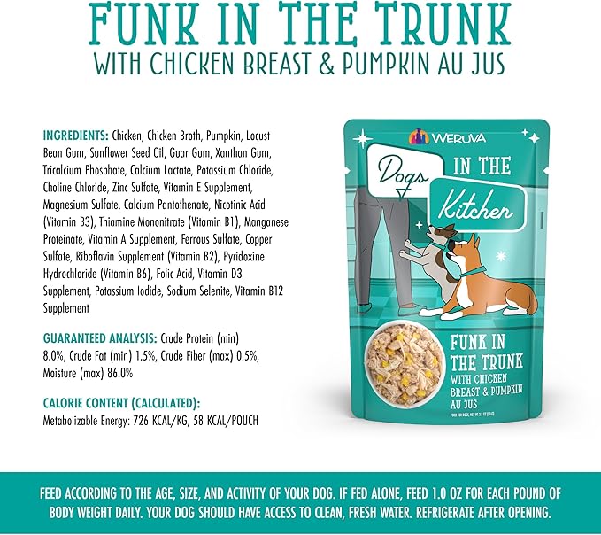 Weruva Dogs in The Kitchen, Funk in The Trunk with Chicken Breast & Pumpkin Au Jus Dog Food, 2.8Oz Pouch (Pack of 12)