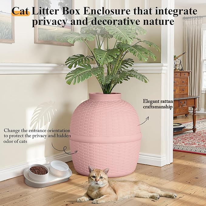 FansaFurn Large Cat Litter Box, Hidden Litter Box with Faux Plant, Heavy Duty Litterbox Enclosure Furniture with Rattan Pattern, PP Cat Box Enclosure Furniture for Living Room, Bedroom, Pink