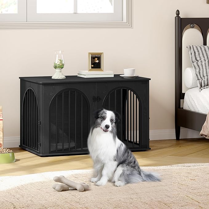 Hzuaneri 39.4" Wooden Dog Crate Furniture, Indoor Dog Kennel Dogs Cage for Small/Medium/Large Dogs, Heavy Duty Dog Crates Decorative Pet House End Side Table TV Stand, Black DFC84104B