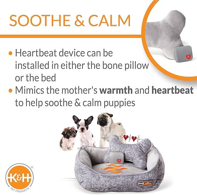 K&H Pet Products Mother's Heartbeat Heated Dog Bed with Bone Pillow Heartbeat Puppy Toy, New Puppy Essential Heated Puppy Bed + Dog Anxiety Toy - Gray 11 X 13 Inches w/ Small Breed Heartbeat Rhythm