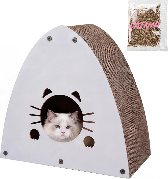 CSR1006G Koko 19" Modern Cardboard Triangle Cat Cave Scratcher with Catnip, Gray, 2-in-1 Corrugated Cat House Hideaway & Scratching Board for Cats, Durable Furniture Protector