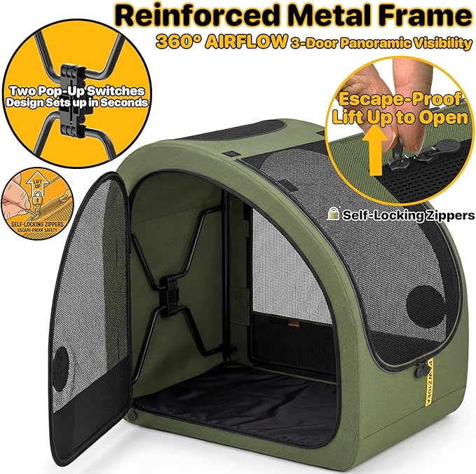 PAWZIDEA Portable Dog Crate for Car Travel, Collapsible Pet Travel Crates for Medium & Large Dogs Up to 80lbs, Enclosed Soft-Sided Car Kennel Carrier for Backseat, Secures w/Seatbelt & Headrest Strap