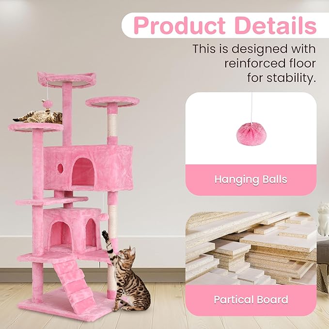 24/7 Shop at Home Court 54 inch Multi-Level Cute Cat Tree Tower with Dangling Ball and Scratching Posts for Indoor Cats Adults, Kitten Supplies, Pet House, Pink