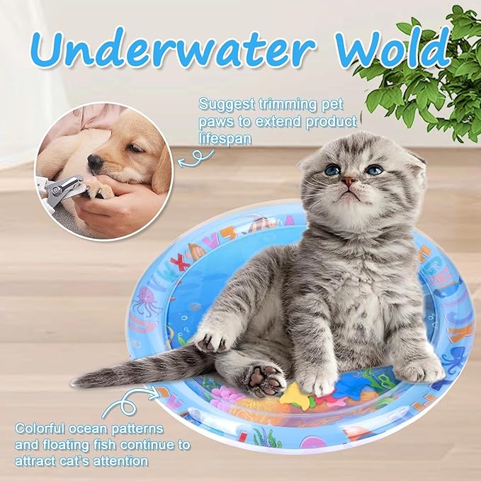 Cat Water Mat, Pet Water Bed with Fish, Thickened Sensory Play Mat for Cats, Leak-Proof Inflatable Cooling Playmat, Washable Pool Toy for Indoor Outdoor Exercise(Dolphin)