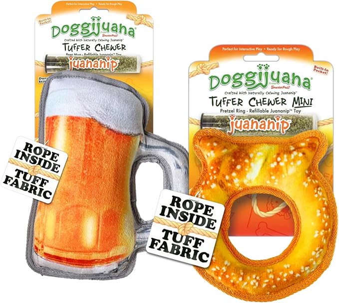 Doggijuana Doggi Duo Refillable Juananip Toy Bundle | Mini P & Beer | Funny Dog Toy Plush with Catnip and Refill | Interactive Chew Toy for Play