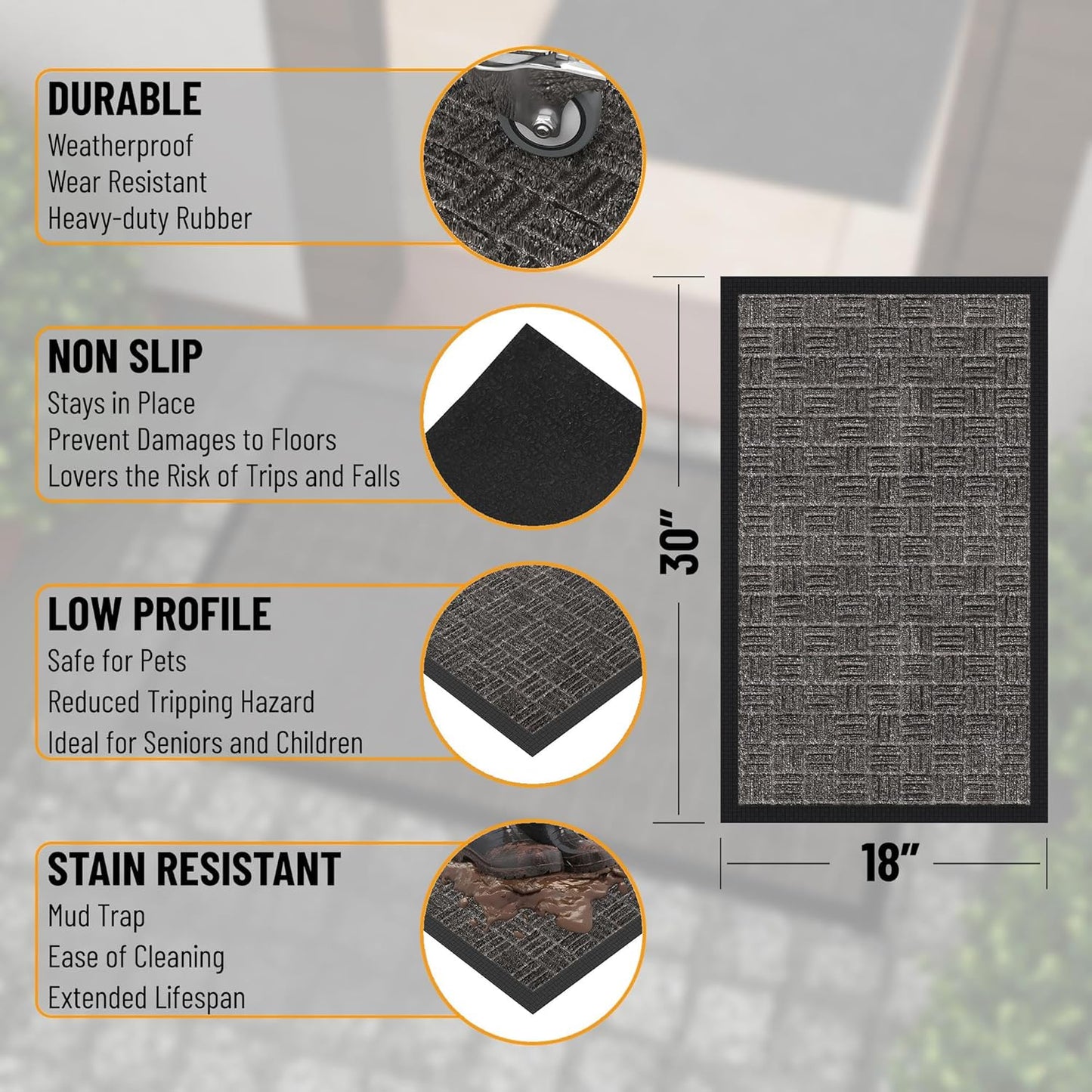 Indoor/Outdoor Hose-Wash Embossed Design Non-Slip Rubber 18" x 30" Modern Entryway Mat for Entryway, Patio, Backyard, Garage, 18" x 30", Charcoal