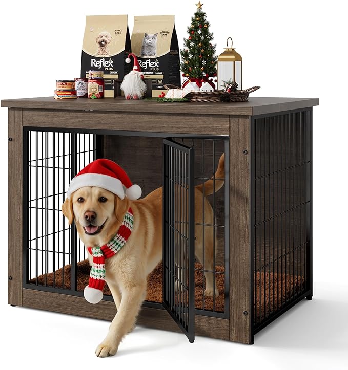 Dog Crate Furniture with Thick Cushion, Side End Table Wooden Dog Cage with Double Doors, Chew-Resistant Dog Kennel Dog House Indoor for Small to Large Dog