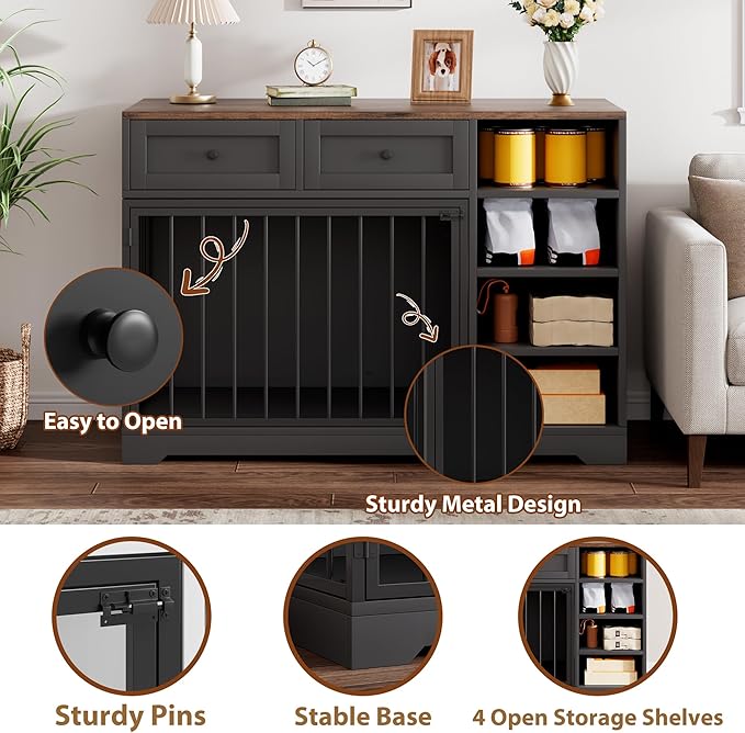 GarveeHome Dog Crate Furniture 47", Large Dog Crate TV Stand with 2 Drawers and 4 Shelves, Wooden Dog Kennel Indoor, Decorative Dog Cage with Storage for Large Dogs, Black