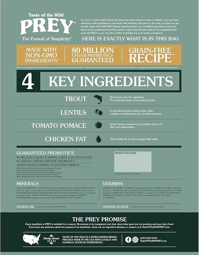 Taste of the Wild Prey Real Meat High Protein Trout Limited Ingredient Dry Dog Food Grain-Free Recipe Made with Real Spring-Fed Trout, and Includes Probiotics for All Life Stages 8lb