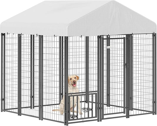 PawHut Outdoor Dog Kennel with Roof, 6' x 6' x 6' Heavy Duty Welded Wire Dog Playpen Enclosure with Escape-Proof Lock, Adjustable Bowls, UV-Resistant & Waterproof Cover, for S&M&L Breeds, Silver