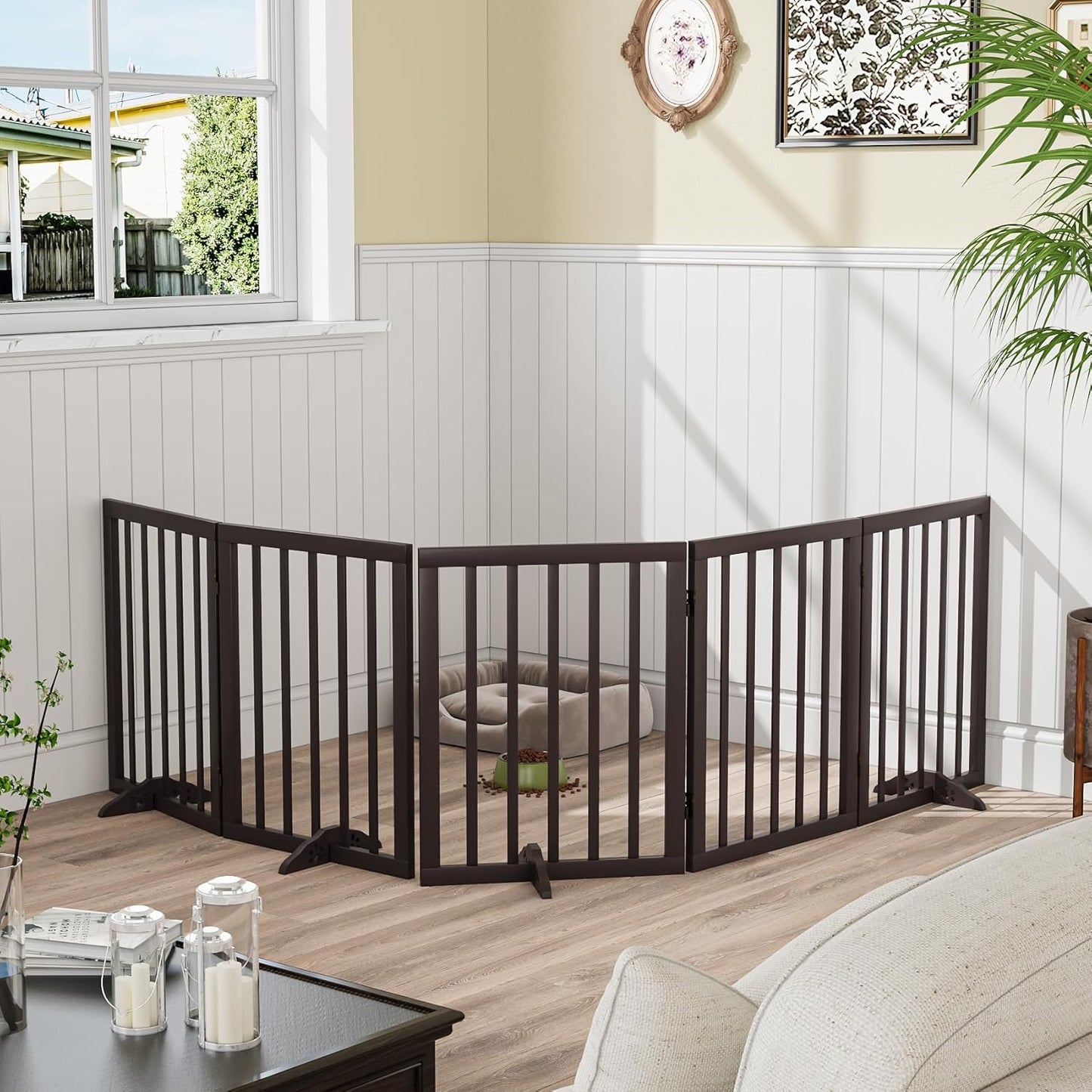 Freestanding Foldable Dog Gate 2 Panel,Fully Assembled Dog Gates for Doorways, Wooden Pet Gates for The House, 24-inch Tall Pet Gate Indoor