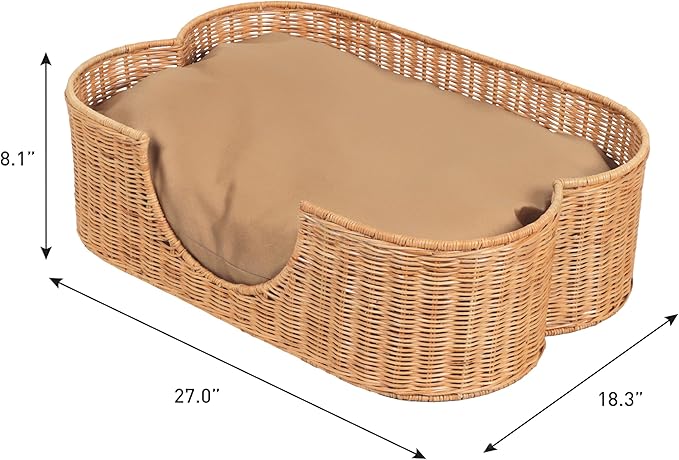 DBD1002B Scallop Handwoven Water Hyacinth Pet Bed with Machine Washable Cushion, 27" x 18.25" Wicker Cat and Dog Bed for Small to Medium Pets, Boho Tropical Style Basket, Light Brown